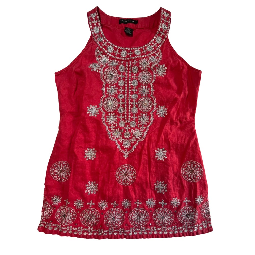 Grace Elements Linen Top Cotton Sleeveless Red Sequins Silver Embroidery Artsy M